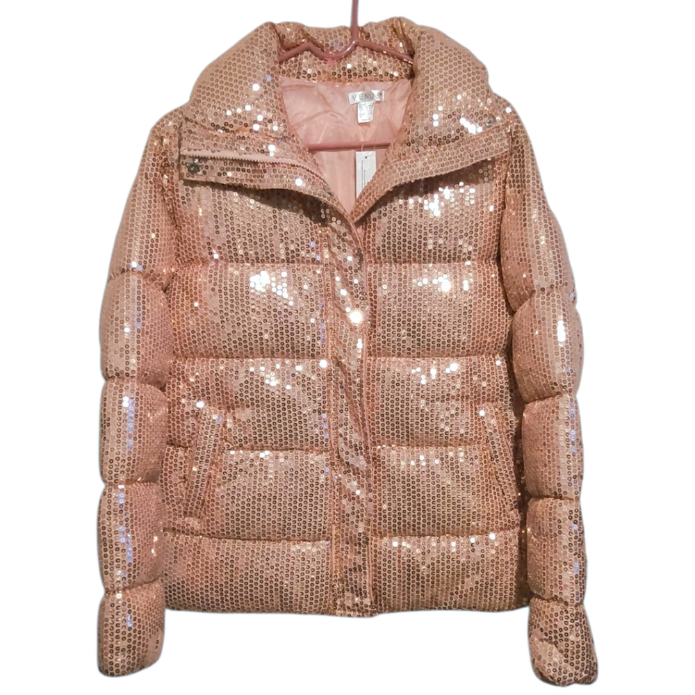 Venus Pink Sequin Puffer Jacket NWT - Winter Feminine Sparkle Outerwear Size SM